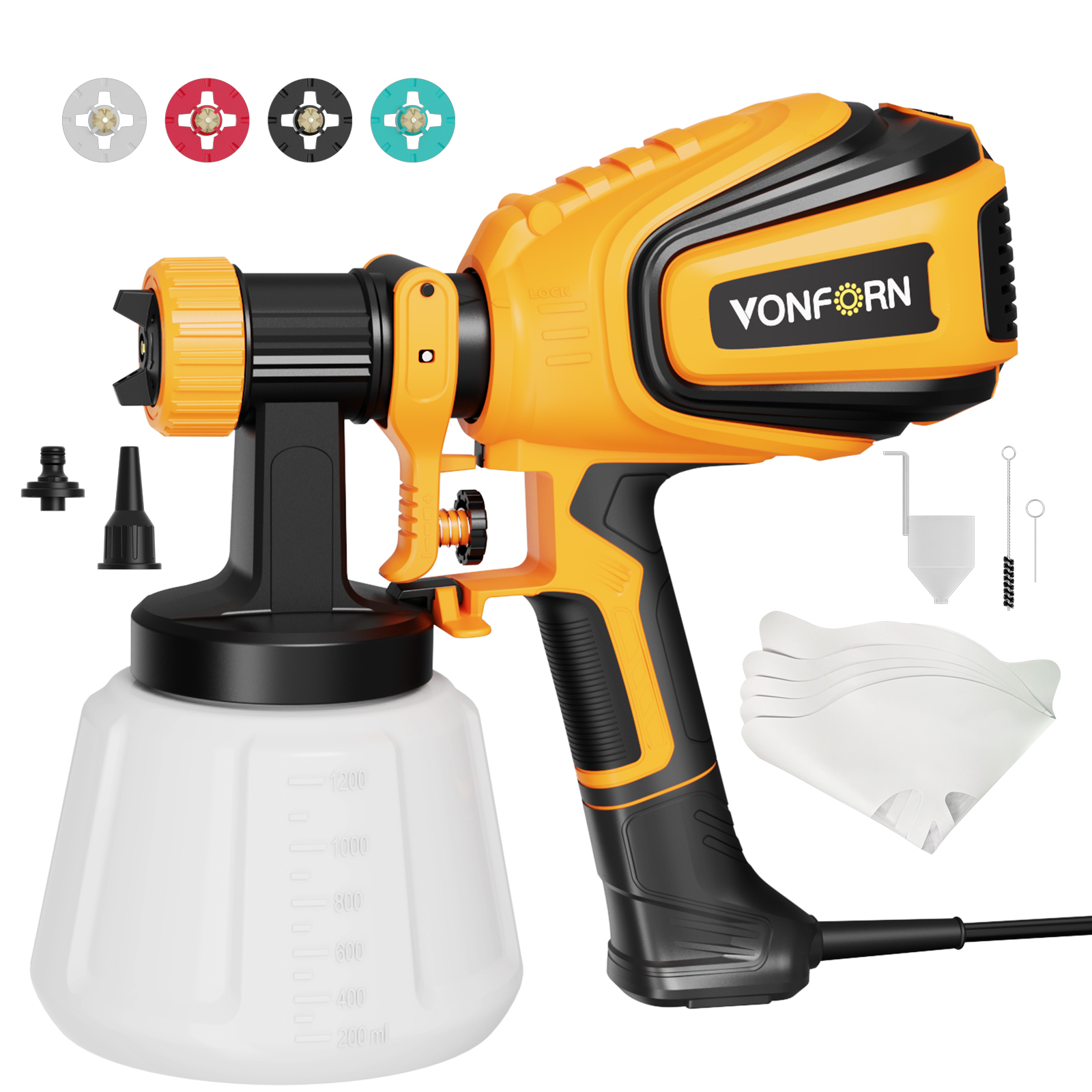 VONFORN Paint Sprayer, 700W HVLP Spray Gun with Cleaning & Blowing Joints, 4 Nozzles and 3 Patterns, Easy to Clean, for Furniture, Cabinets, Fence, Walls, Door, Garden Chairs etc. VF803
